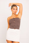 Dark Brown Ribbed Button Front Bandeau Crop Top