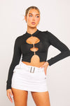 Black High Neck Cut Out Buckle Long Sleeve Crop Top