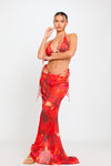 Red Abstract Print Triangle Bikini & Long Maxi Skirt