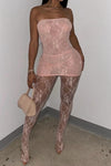 Pink Sheer Lace Bandeau Top & Leggings Co-Ord Set