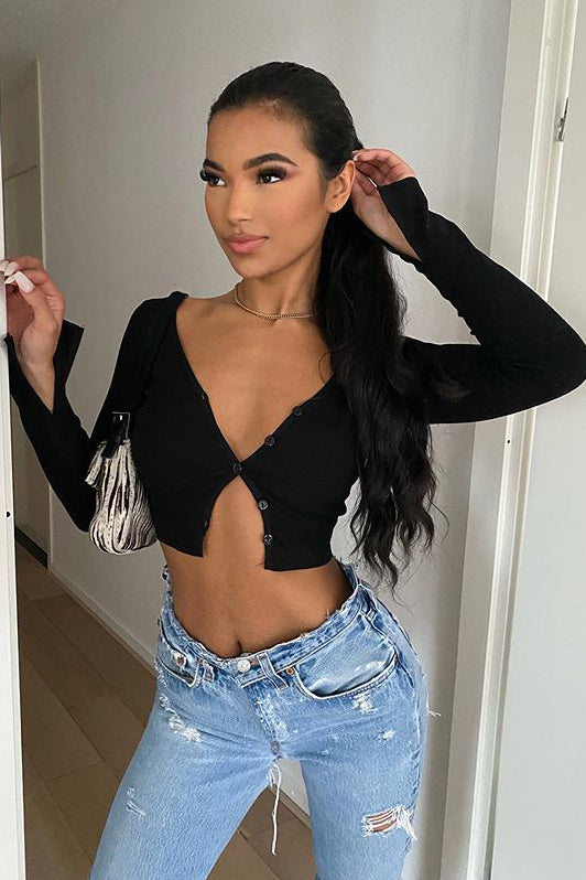 Black Ribbed Long Sleeve Cropped Cardigan