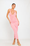 Pink Plunge Halterneck Ruffle Detail Maxi Dress