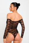 Black Sheer Lace Off Shoulder Long Sleeve Bodysuit