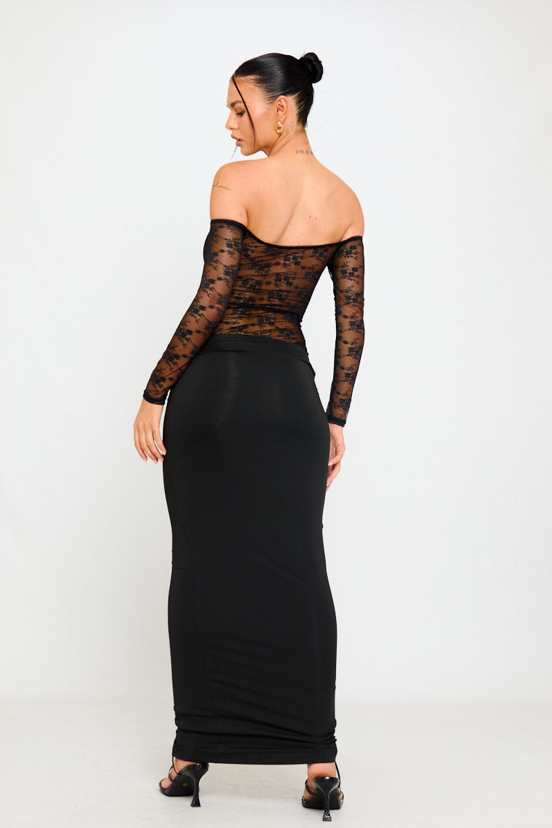 Black Sheer Lace Off Shoulder Long Sleeve Bodysuit
