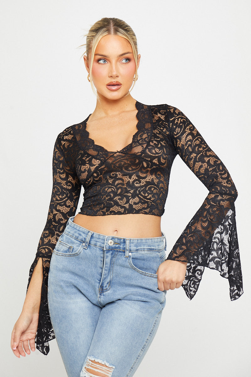 Black Sheer Lace Plunge Flared Sleeve Crop Top