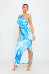 Blue Swirl Print Halterneck Side Split Maxi Dress