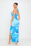 Blue Swirl Print Halterneck Side Split Maxi Dress