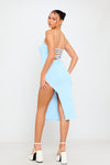 Light Blue Knit Crochet Tie Back Side Split Midi Dress