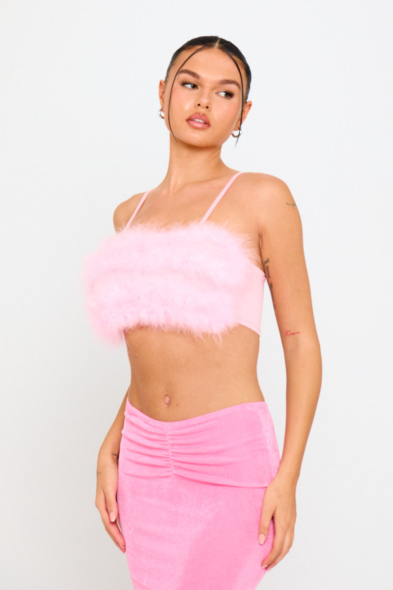 Pink Fluffy Faux Fur Spaghetti Strap Crop Top