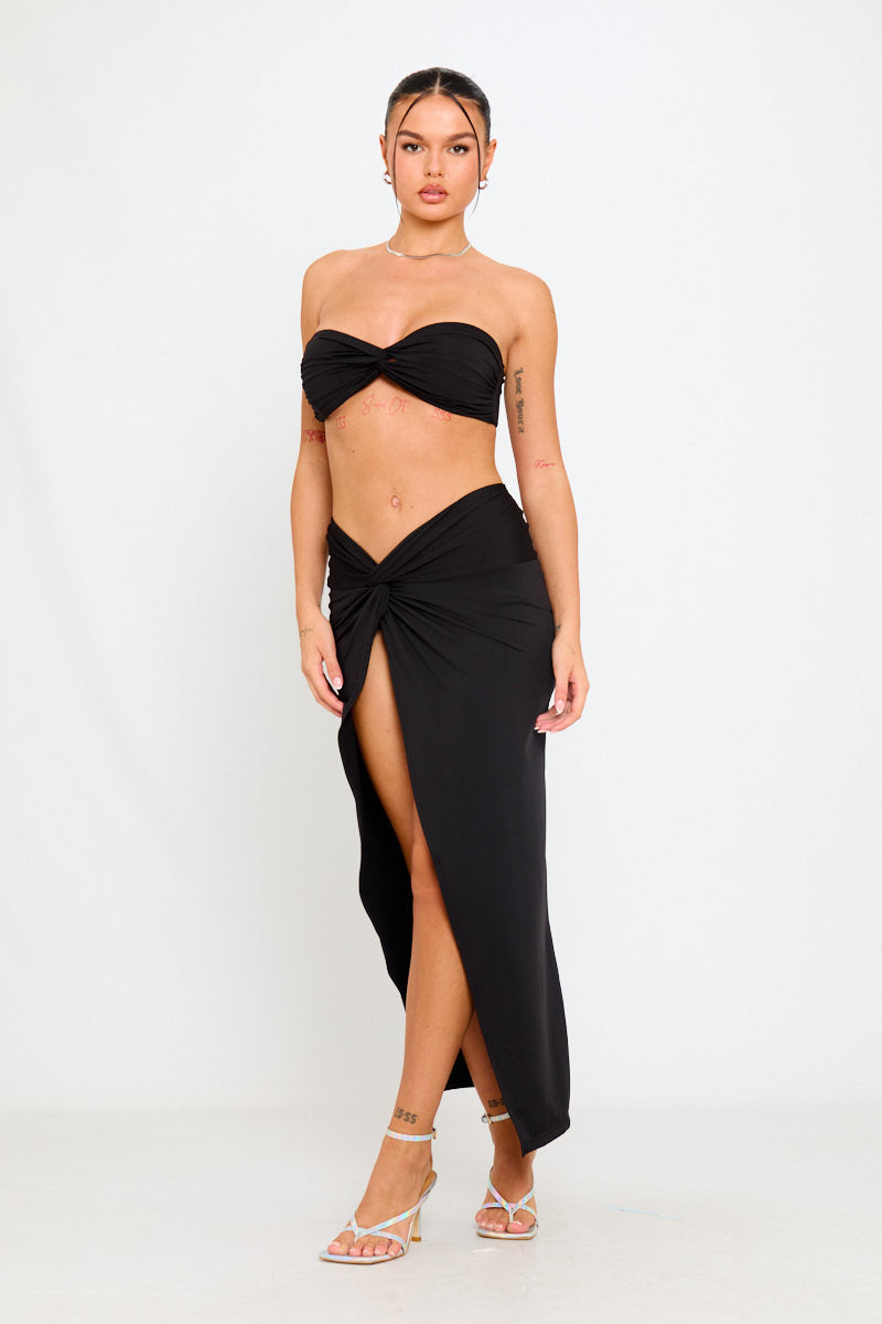 Black Twist Front Bandeau Top & Split Maxi Skirt Co-Ord