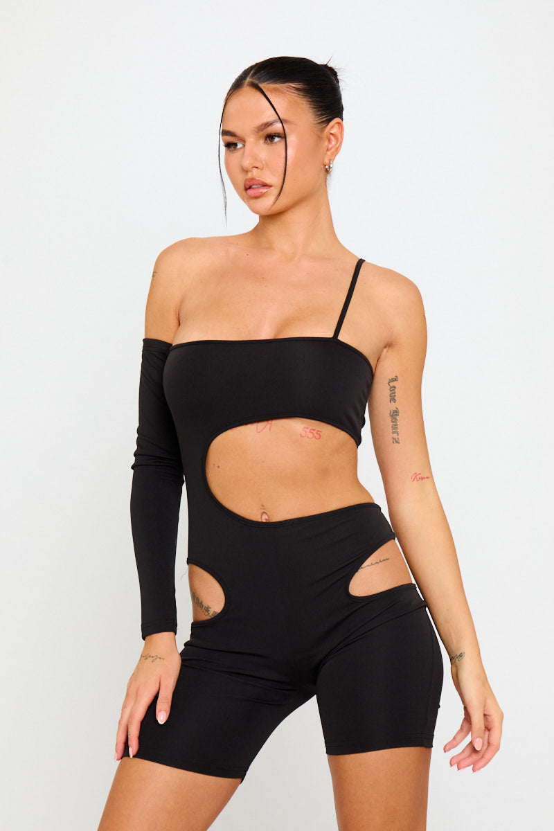 Black Cut Out Detail One Sleeve Playsuit