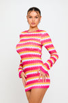 Pink Multi Stripe Knit Open Back Long Sleeve Mini Dress