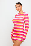 Pink Multi Stripe Knit Open Back Long Sleeve Mini Dress