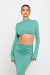 Green Ribbed High Neck Crop Top & Ruched Maxi Skirt Co-Ord