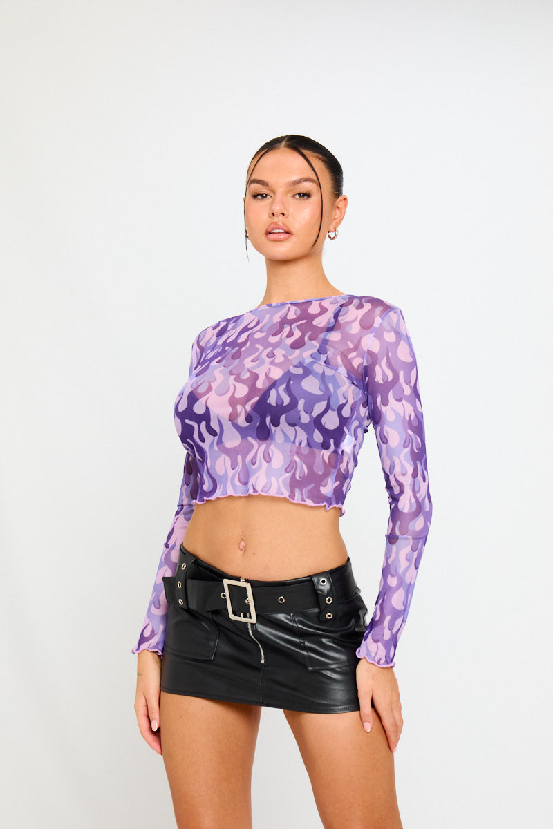 Purple Sheer Mesh Flames Print Long Sleeve Top