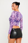 Purple Sheer Mesh Flames Print Long Sleeve Top