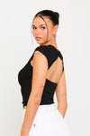 Black Sheer Knit Open Back Cap Sleeve Crop Top