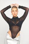 Black Sheer Mesh High Neck Zip Long Sleeve Bodysuit