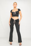 Black Contrast Tie Front Ruched Flared Trousers 