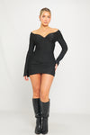 Black Plunge Ruched Long Sleeve Wrap Mini Dress