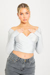 Silver Plunge Long Sleeve Wrap Top