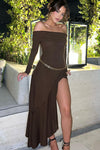 Brown Knit Off Shoulder Tiered Asymmetric Maxi Dress