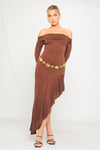 Brown Knit Off Shoulder Tiered Asymmetric Maxi Dress