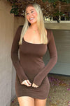 Brown Round Neck Long Sleeve Bodycon Mini Dress