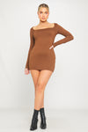 Brown Round Neck Long Sleeve Bodycon Mini Dress