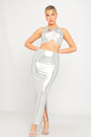 Silver Metallic Ruched Crop Top & Maxi Skirt Co-Ord