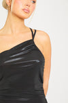 Black Metallic Ruched One Shoulder Open Back Maxi Dress