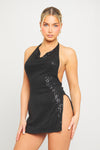 Black Sequin Detail Cowl Neck Open Back Mini Dress