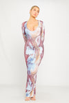 Multi Printed Plunge Tie Back Long Sleeve Maxi Dress