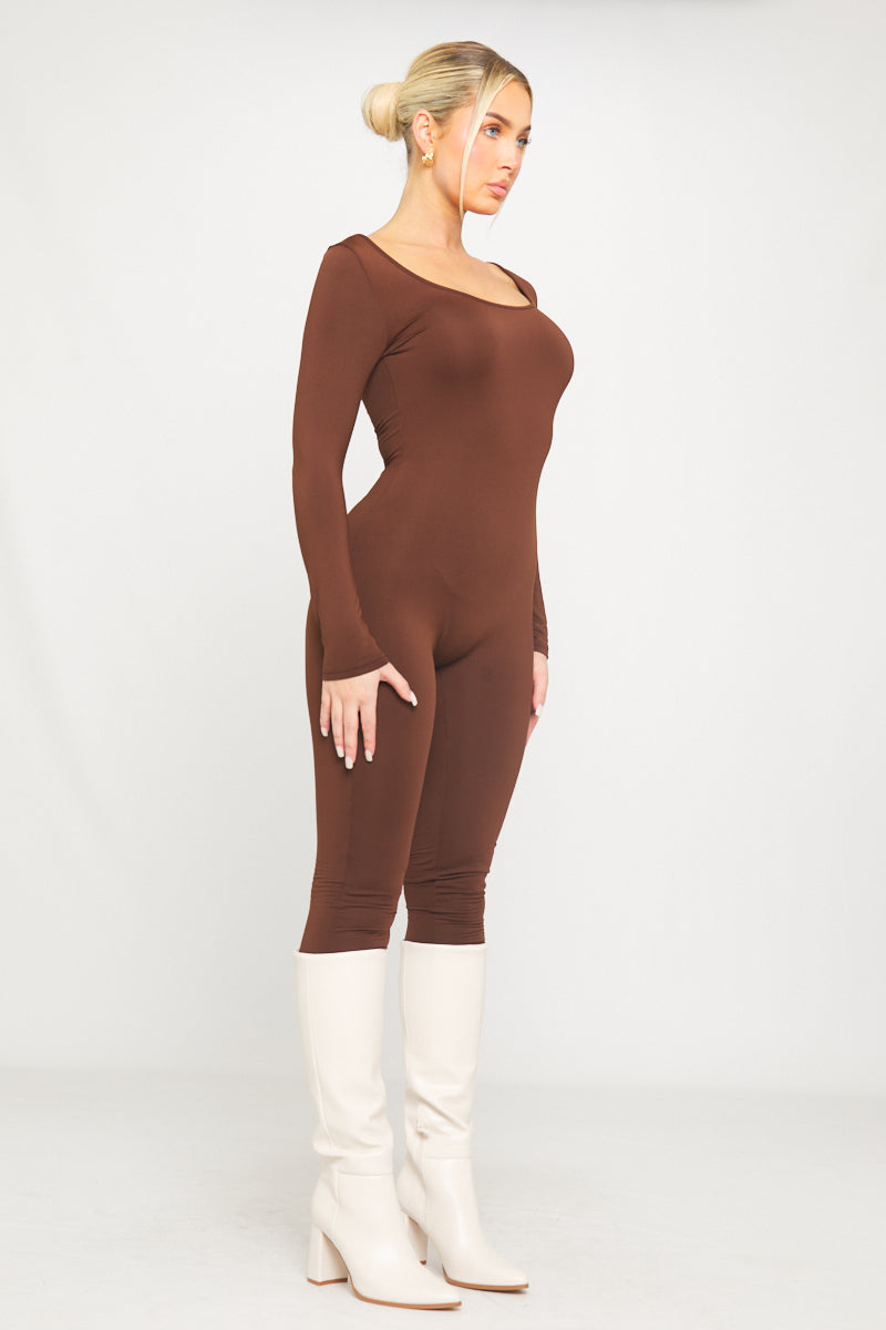 Brown Slinky Scoop Neck Long Sleeve Jumpsuit