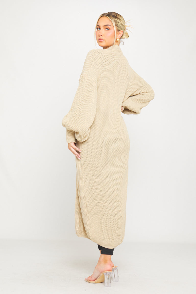 Stone Knitted Balloon Sleeve Long Cardigan