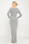 Grey Ribbed Scoop Neck Plunge Long Sleeve Maxi Dress