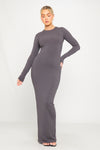 Dark Grey Ribbed Round Neck Long Sleeve Maxi Dress