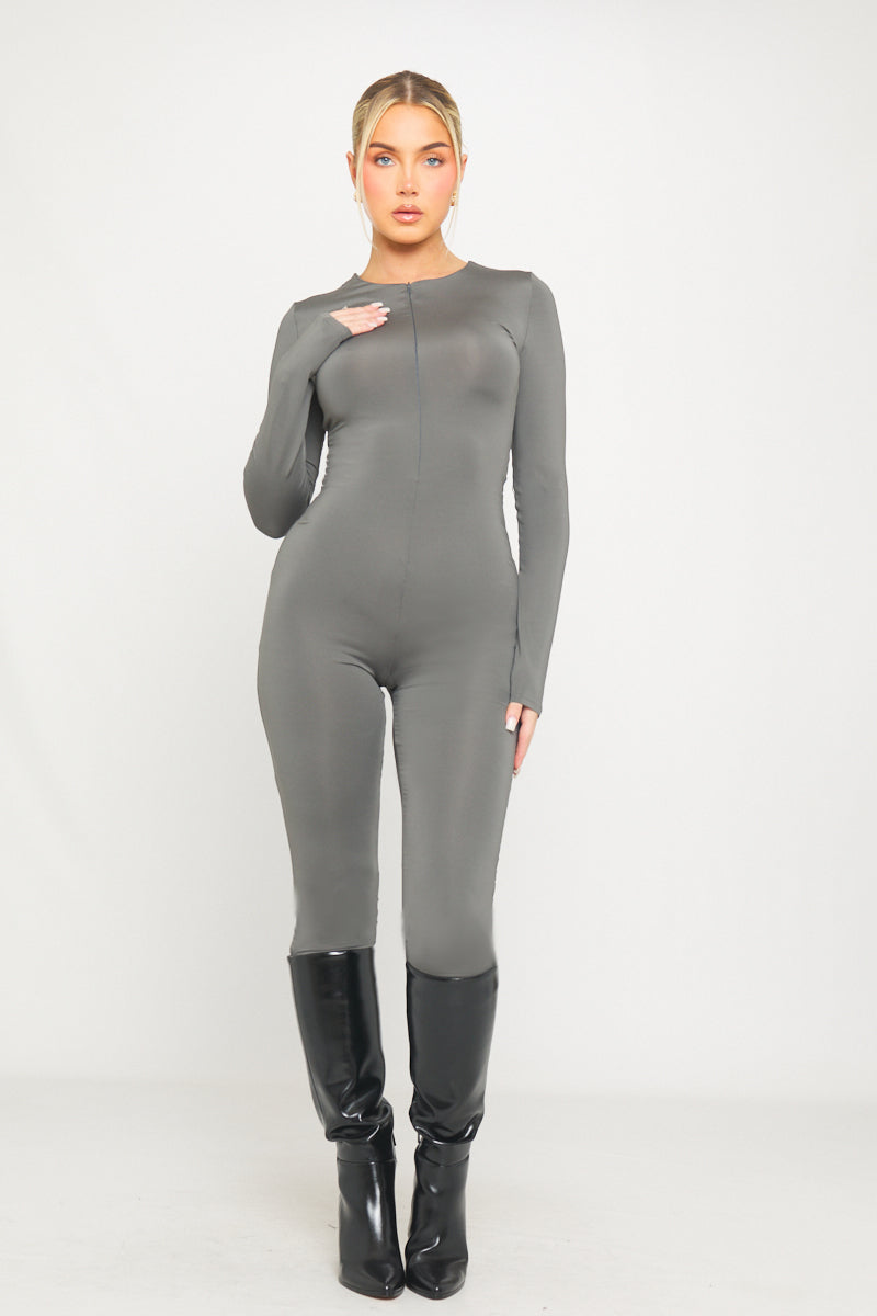 Grey Slinky Zip Front Long Sleeve Jumpsuit