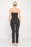 Black Ribbed Bandeau Split Flared Hem Jumpsuit