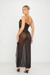 Black Mesh Cut Out Frill Ruched Maxi Dress