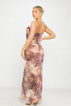 Leopard Print Mesh Cut Out Frill Ruched Maxi Dress