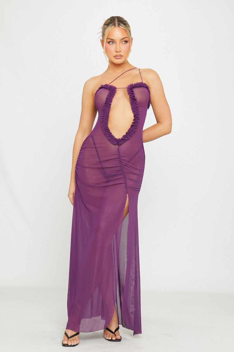 Purple Mesh Cut Out Frill Ruched Maxi Dress