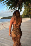 Leopard Print Sheer Cowl Neck Tie Back Maxi Dress