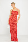 Red Floral Print Sheer Cowl Neck Tie Back Maxi Dress