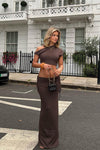 Brown One Shoulder Ruched Crop Top & Fold Over Maxi Skirt