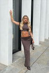 Brown One Shoulder Ruched Crop Top & Fold Over Maxi Skirt