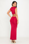 Wine One Shoulder Ruched Crop Top & Fold Over Maxi Skirt