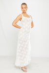 White Sheer Lace Ruffle Detail Thigh Split Maxi Dress