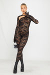 Black Sheer Lace Cut Out Jumpsuit With Gloves