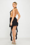 Black Sheer Mesh Plunge Halter Ruffle Mini Dress